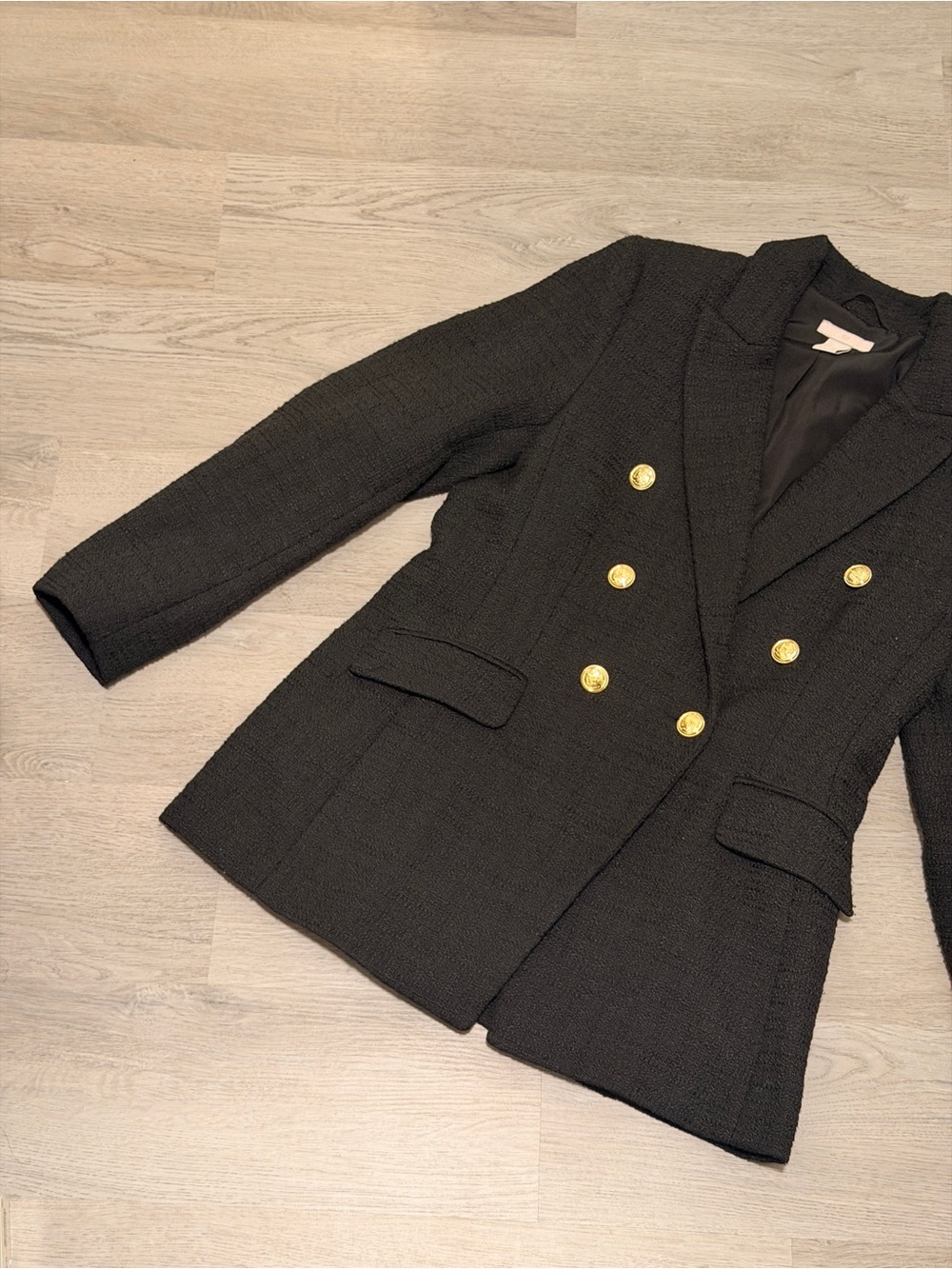H&M Black Double-Breasted Tweed Blazer with Gold Buttons